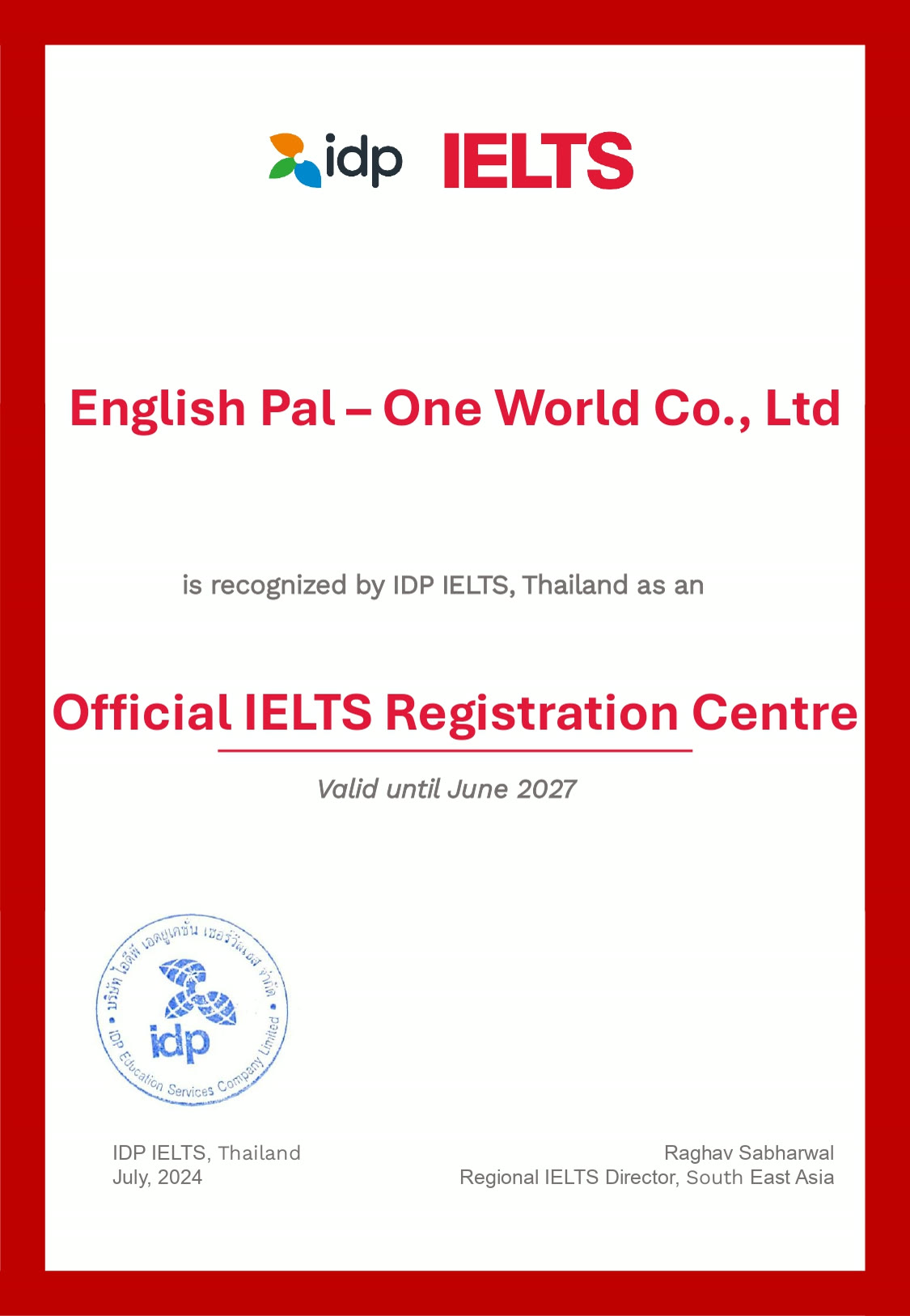 IDP IELTS Thailand · English Pal 官方注册中心授权书